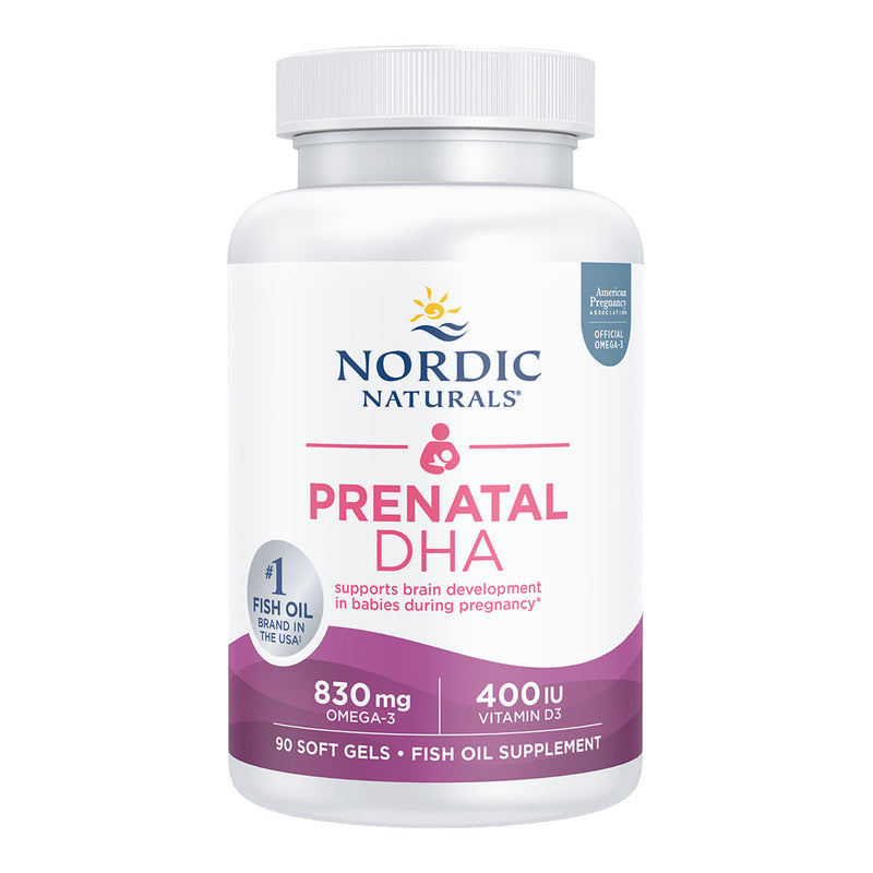 A Supplement container with the name Prenatal DHA by Nordic Naturals.