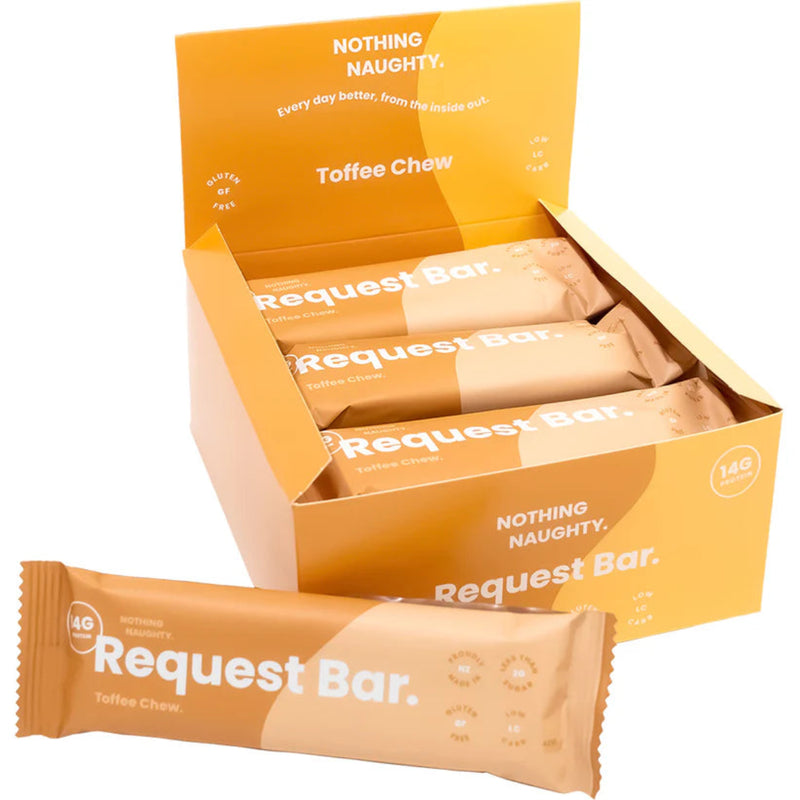 A Supplement box of Request bars (Toffee Chew) by Nothing Naughty.