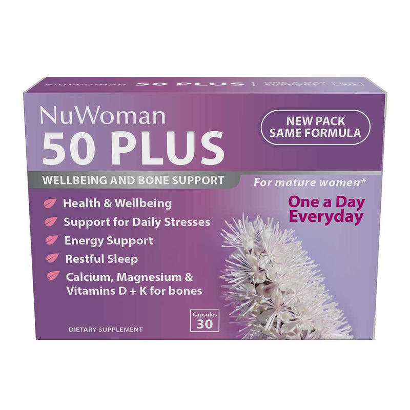 A Supplement container with the name 50 Plus Wellbing and Bone Support (30 Caps) by NuWoman.