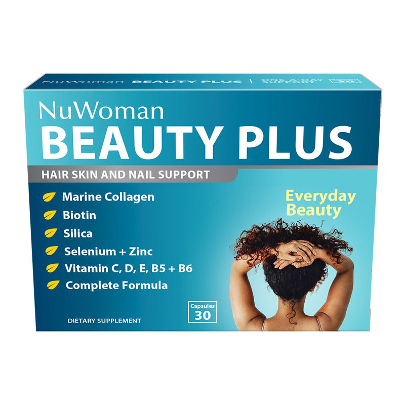 A Supplement container with the name Beauty Plus by NuWoman.