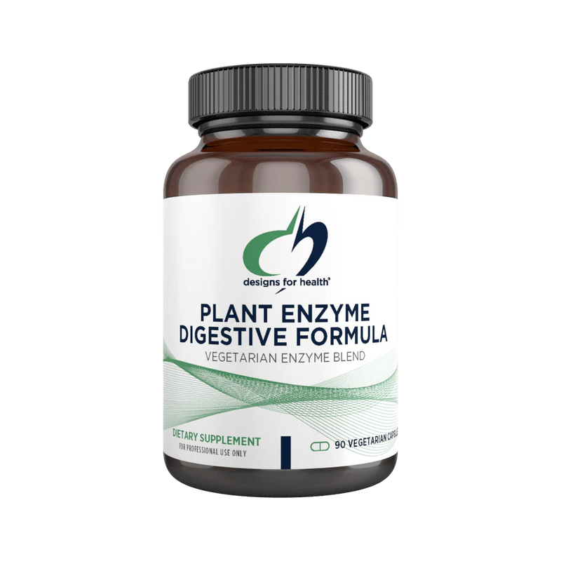 A Supplement container with the name Plant Enzyme Digestive Formula by Designs for Health.