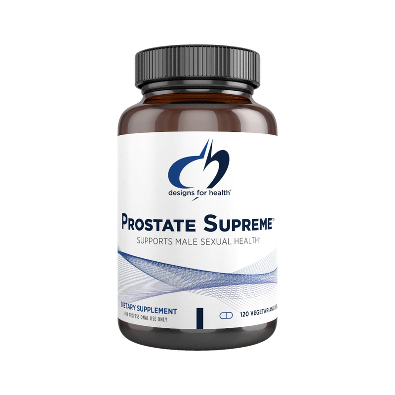A supplement bottle with the label Prostate Supreme by Designs for Health
