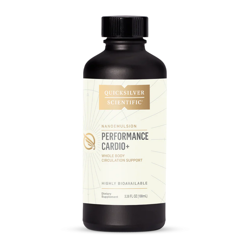 A supplement bottle with the name Perfomance Cardio+ by QuickSilver