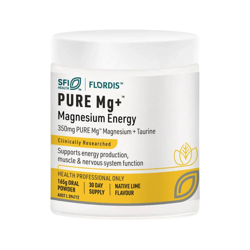 Image of a whit esupplement bottle that syas pure mg + magnesium energy 350mg pure mg magnesium+taurine clinically researched supports energy production, muscle nd nervous system function health professional only