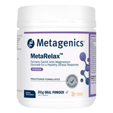 A Supplement container with the name MetaRelax  Tropical 241g (formerly CalmX) by Metagenics.