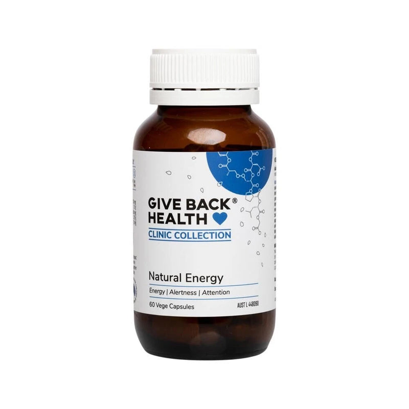Image of a white supplement bottle that says give back health clinic collection natural energy, energy, alertness and attention 60 vege capsules