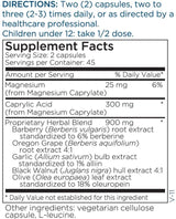 Text listing the ingredients including Magnesium Caprylate, Barberry, berberis vulgaris, Oregon grape, Verberis aquifolium, Garlic, Allium sativum,  black walnet, Juglans nigra Olive, Olea europaea, Oleuropein,