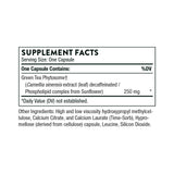 Ingredients including Green Tea Phytosome, Camellia sinensis extract, Decaffinated, Phospholipid complex, Sunflower.