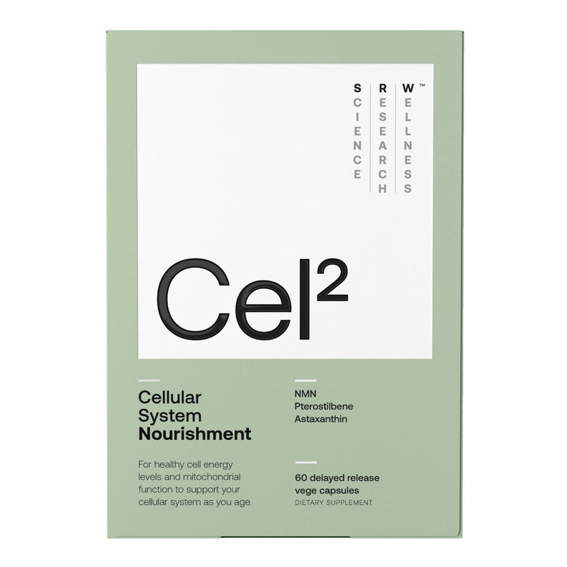 Image of a green box with the title Cel2, product by SRW, Cellular system nourishment. For healthy cell energy levels and mitochondrial function to support your cellular system as you age. 60 vege capsules