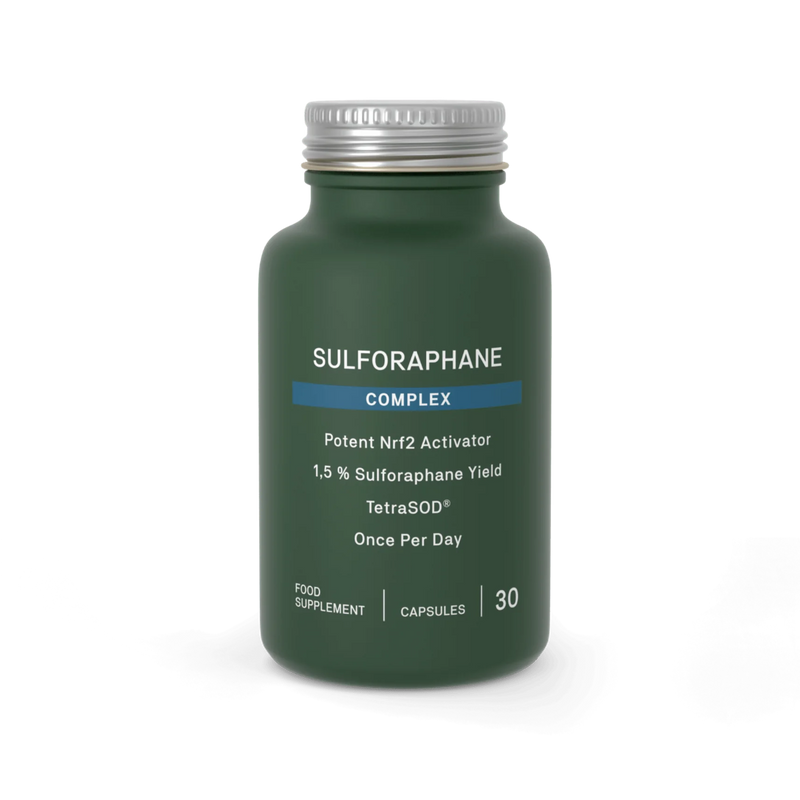 Image of a green bottle that says sulforaphane coplex, potent Nrf2 Activator 1,5% Sulforaphane yield TetraSOD Once per day food supplement capsules 30