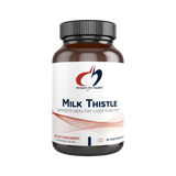 A bottle of Designs for Health Milk Thistle supplement with the label indicating it supports healthy liver function, containing 90 capsules.