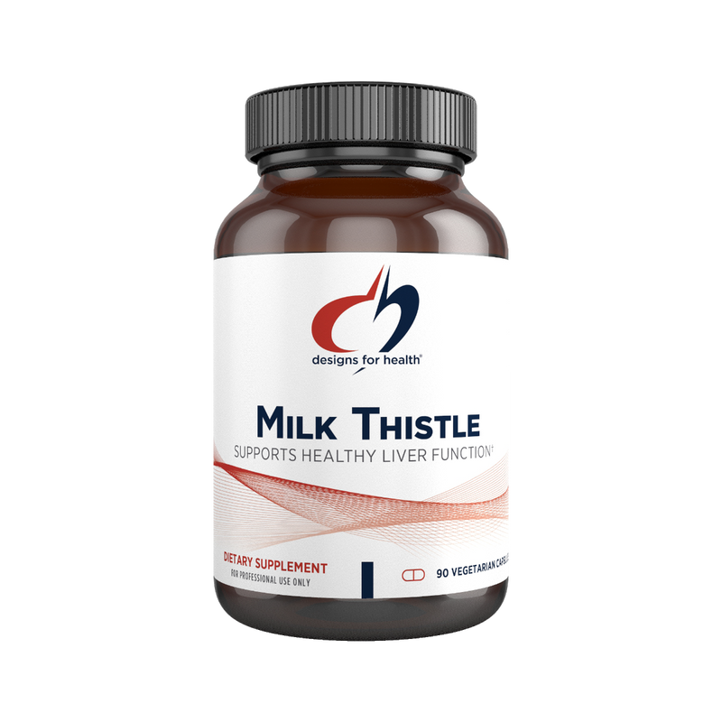 A bottle of Designs for Health Milk Thistle supplement with the label indicating it supports healthy liver function, containing 90 capsules.