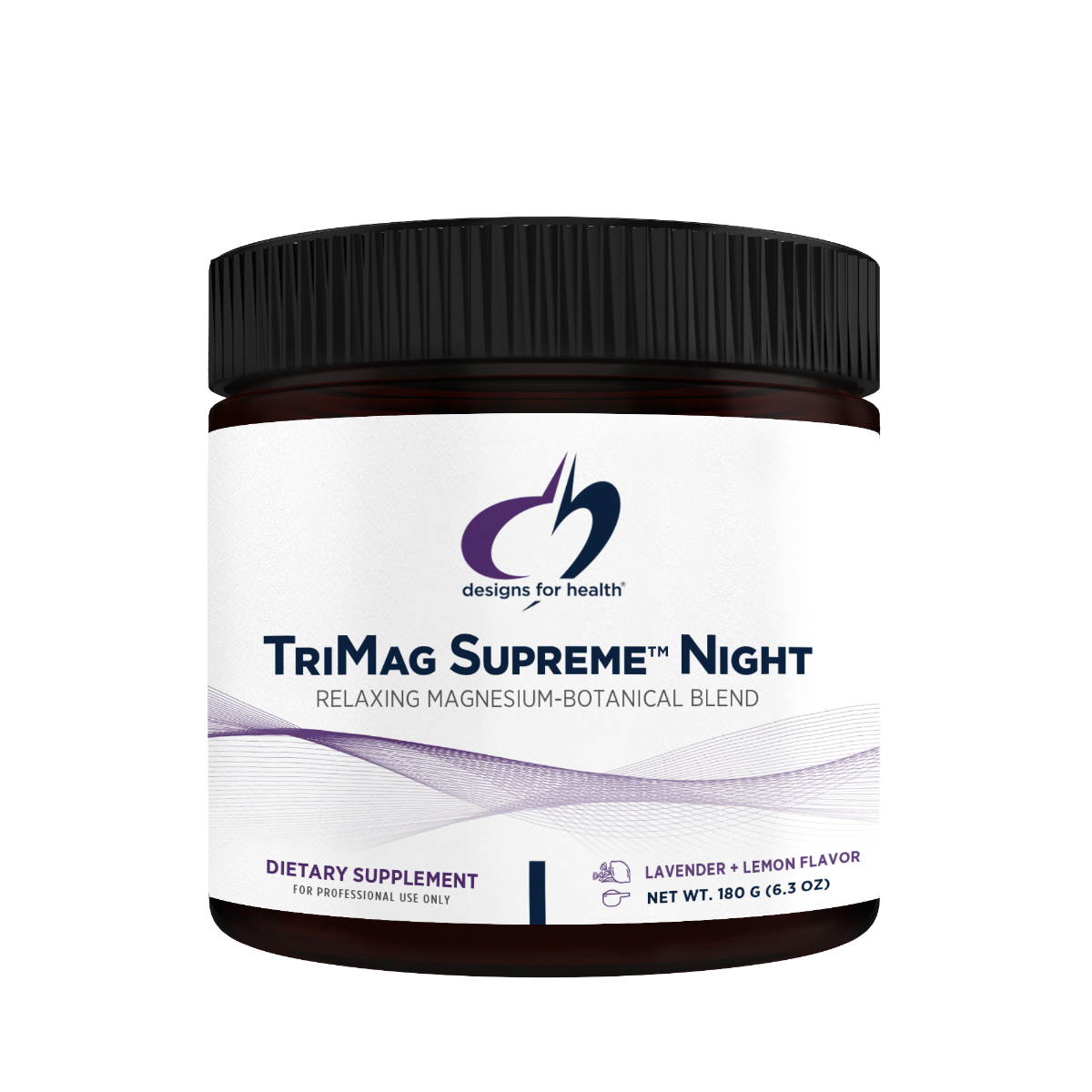 Image of a white container that says trimag supreme night relaxing magnesium botanical blend dietary supplement lavender + lemon flavour