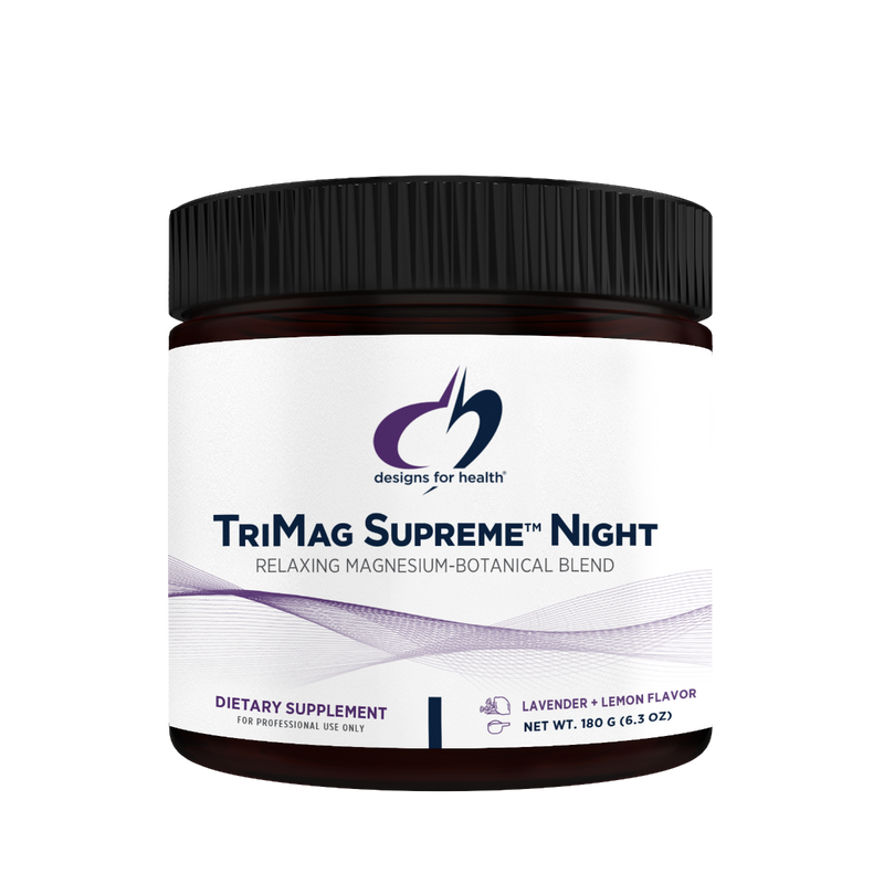Image of a white container that says trimag supreme night relaxing magnesium botanical blend dietary supplement lavender + lemon flavour