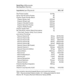 Image of contents of two islands protein and organic greens 480g 1000x1000
Pea Protein Isolate,	
Spray-free NZ Hemp Protein,		
Organic Green Powder Blend,	
    Organic Barley Leaf,
    Organic Wheat Leaf,	
    Organic Chlorella Powder	,	
    Organic Spirulina Powder	,	
    Organic Alfalfa Powder,	
Organic Apple Fibre,		
Bio-She Multi-Vitamin Blend from plants - Holy Basil, Guava, Amla, Curry Leaves,		
    Natural Vitamin B1,
    Natural Vitamin B2,
    Natural Vitamin B3,
    Natural Vitamin B5,