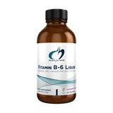 A bottle of Vitamin B-6 Liquid by Designs for Health with natural raspberry flavor.