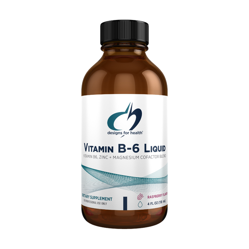 A bottle of Vitamin B-6 Liquid by Designs for Health with natural raspberry flavor.