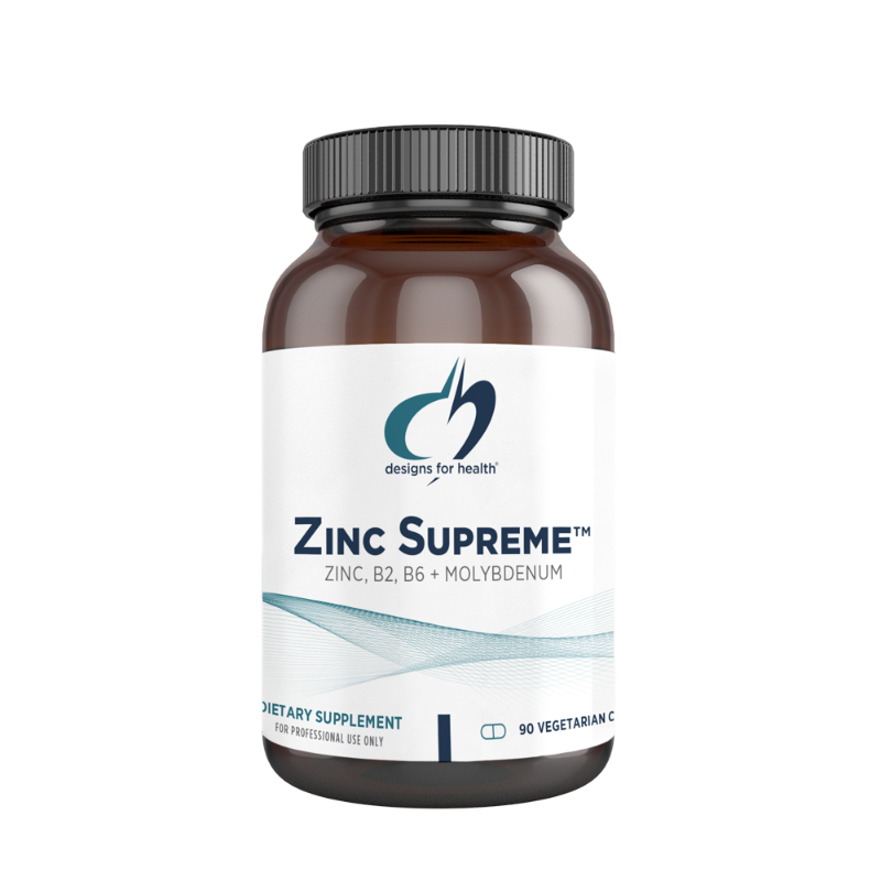 A white supplement bottle that says designs for helath zinc supreme dietary supplement 90 vegetarian caps