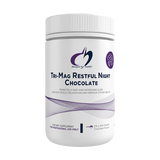 Image of a white supplement bottle that says designs for health tri-mag restuful night chocolate, promotes a deep and refreshing sleep supports muscle relaxation and nervous system health 210g oral powder chocolate flavour