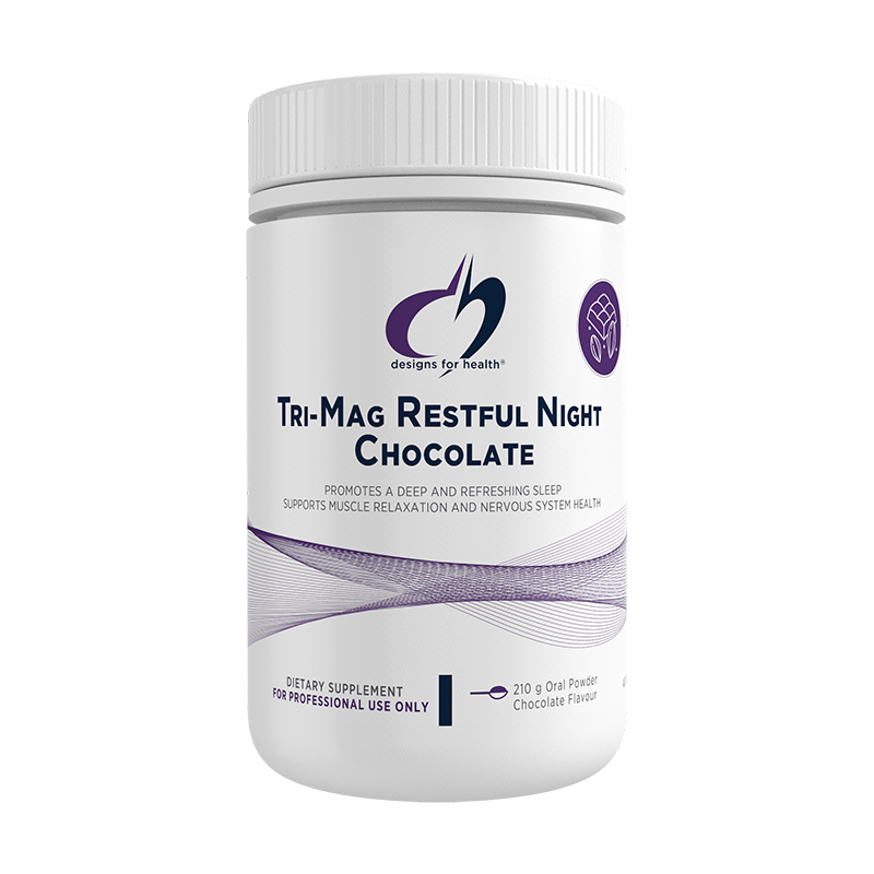 Image of a white supplement bottle that says designs for health tri-mag restuful night chocolate, promotes a deep and refreshing sleep supports muscle relaxation and nervous system health 210g oral powder chocolate flavour