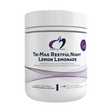 Image of a white supplement bottle that says designs for health tri mag restful night lemon lemonade promotes a deep and refreshing sleep supports muslce relaxation and nervous system health 315g oral powder lemon lemonade flavour