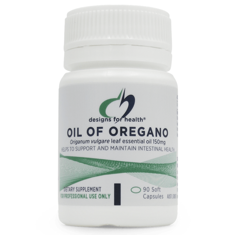 A bottle that says desigsn for health oil of oregano origanum vulgare leaf essential oil 150mg healps to support and maintain intestinal health dietary supplemnt 90 soft capsules