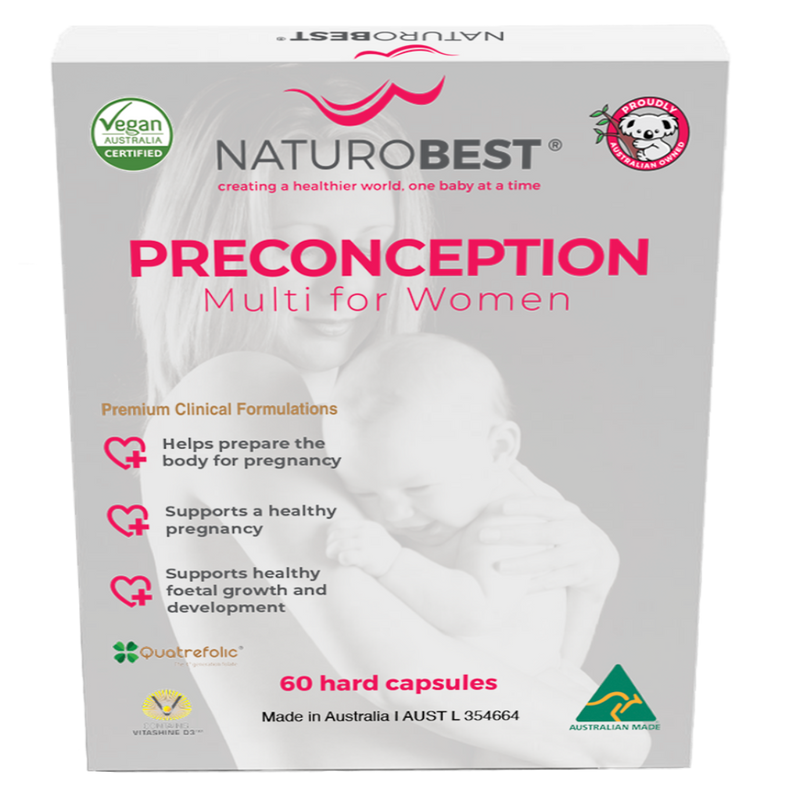 A Supplement container with the name Preconception Multi for Women by Naturobest.