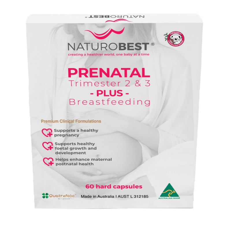 A Supplement container with the name Prenatal Trimester 2 & 3 Breastfeeding by Naturobest
