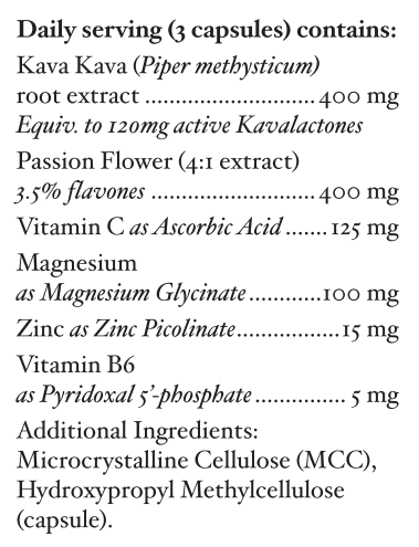 Text listing the ingredients including Kava Kava, Piper methysticum, Passion Flower, Vitamin C, Magnesium glycinate, Zinc picolinate, Vitamin b6, P5p, Pyriodoxal 5-phosphate