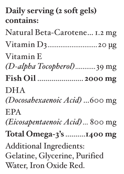 Text listing the ingredients including Natual Beta-Carotene, Vitamin d3, Vitamin e, D-alpha Tocopherol, Fish oil, DHA, EPA