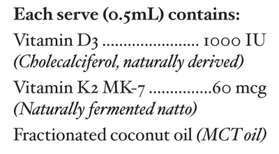 Text describing the ingredients including Vitamin D3, Cholecalciferol, Vitamin K2 Mk7, Naturally fermented natto, Fractionated coconut oil, mct oil