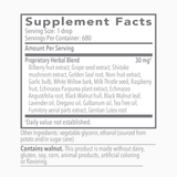 Text listing the ingredients including Bilberry fruit, Grape seed, Shiitake mushroom, Golden Seal, Noni fruit, Garlic bulb, White Willow bark, Milk Thistle seed, Raspberry fruit, Echinaciea Purpurea plant, Echinacea Angustifolia, Black Walnut hull, Black Walnut leaf, Lavender oil, Oregano oil, Galbanum oil, Tea Tree oil, Fumitory aerial parts, Gentian Lutea root.