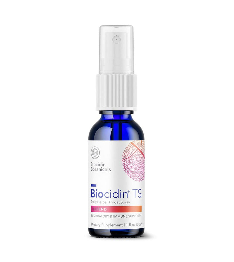 An image of a supplement bottle called Biocidin Throat Spray by Biocidin Botanicals
