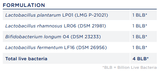 Text describing the ingredients of the probiotic supplement including Lacotbacillus plantarum LP01 (LMG P-21021), Lactobacillus rhamnosus LR06 (DSM 21981), Bifidobacterium longum 04 (DSM 23233), Lactobacillus fementum LF16 (DSM 26956)