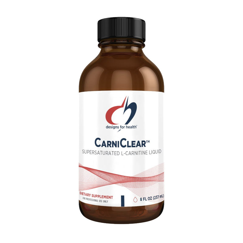 An image of a white supplement bottle that says desigsn for health CarniClear supersaturated L-Carnitine Liquid dietary supplement 8 FL OZ (237mL)