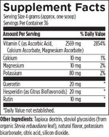 Ingredient list: 
Vitamin C (as ascorbic Acid, Calcium Ascorbate, magnesium Ascorbate), calcium, magnesium, potassium, quercetin, hesperidin (as citrus bioflavonoids), rutin, tapicoca dextrin, steviol glycosides (from organic stevia rebaudiana leaf), natural flavour, potassium bicarbonate, citric acid, silicon dioxide