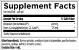 Text listing the ingredients including Ubiquinol, DuoQuinol, Trans-Geranylgeraniol, GG-Gold, bovine gelatin, medium chain triglycerides, purified water, glycerine, quillaja extract, annatto, contains fish