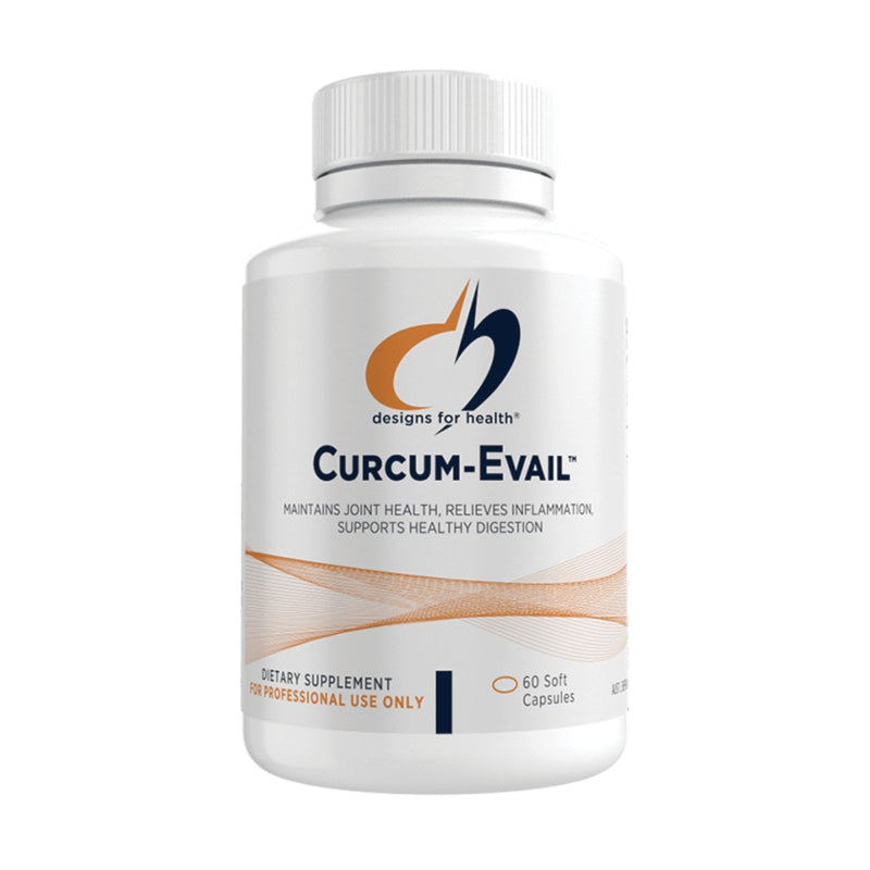 A bottle of Curcum-Evail dietary supplement by Designs for Health, containing 60 capsules.