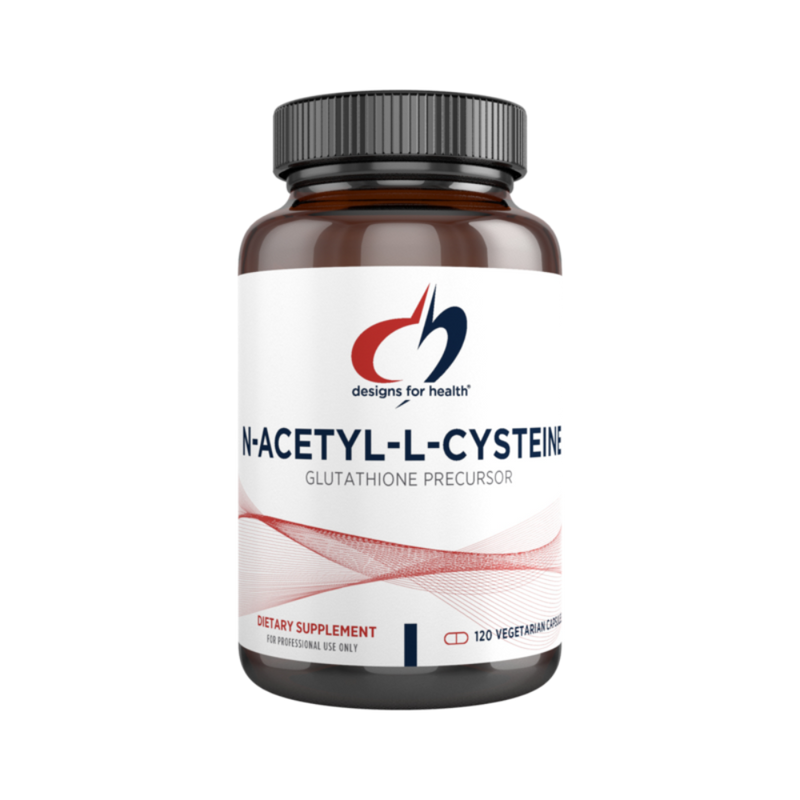 Image of a white supplement bottle that says designs for health N- Acetyl-L-crysteine