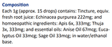 Text listing the ingredients including, Tincture, Echinacea purpurea, Apis 6x, Thuja 3x, Anise oil, Eucalyptus Oil, Sage oil in water/ethanol base.