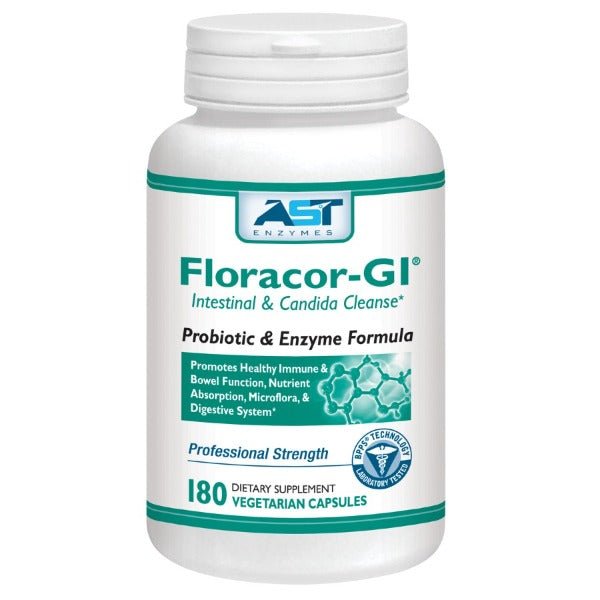 A Supplement container with the name Floracor-GI by AST Enzymes.