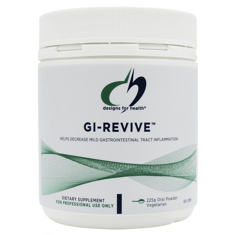 A white container of Designs for Health GI-Revive oral powder, which is a dietary supplement for professional use only, according to the label.