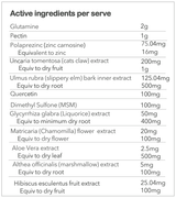 Ingredients list: 
glutamine, pectin, polaprezinc, ucaria tomentosa, ulmus rubra bark inner extract, quercetin, dimethyl sulfone, glycyrrhiza glabra extract, matricaria flower extract, aloe vera extract, althea officinalius (marshmallow) extarct, hibiscus esculentus fruit extract