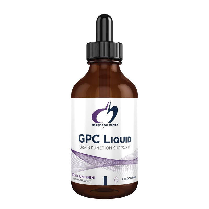 Image of a supplement bottle that says designs for health GPC Liquid Brain fuction support dietary supplement 2 FL OZ