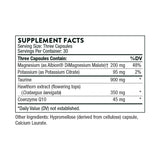 This image is of the ingredients list for Heart Helath Complex including Magnesium, Albion DiMagnesium Malate, Potassium citrate, Taurine, Hawthorn extract, Coenzyme q10