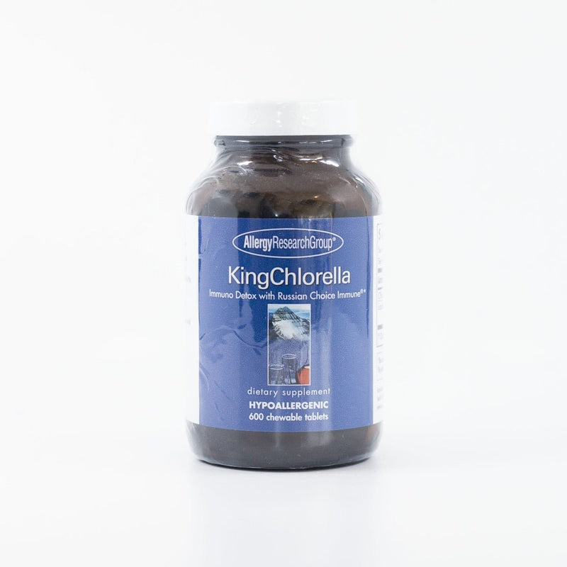 A Supplement container with the name King Chlorella by Allergy Research Group.