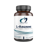Image of a white suppelemnt bottle that says desigsn for health L- Arginine, supports heart + Immune Health Dietary supplement 120 vegetarian capsules