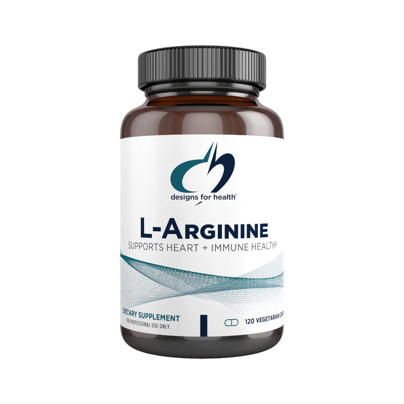 Image of a white suppelemnt bottle that says desigsn for health L- Arginine, supports heart + Immune Health Dietary supplement 120 vegetarian capsules
