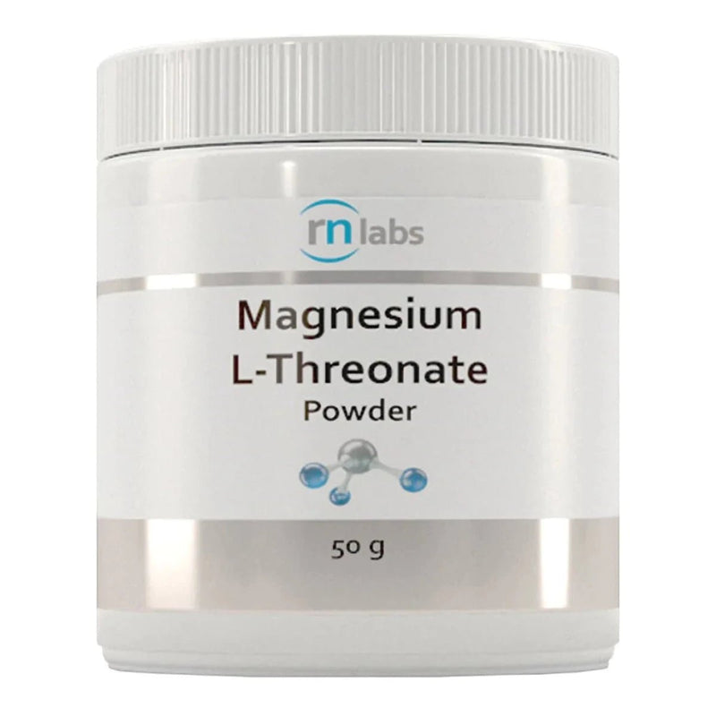 Image of a white suppelemnt bottle that says RN labs Magnesium L-Threonate Powder 50g