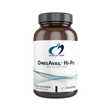 An image of a white suppleemnt bottle that says designs for health Omegavail HI-Po 1600mg 1:1 EPA-DHA 60 Soft gels